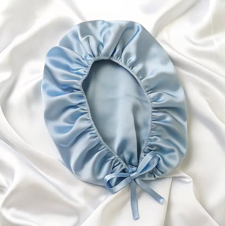 Bonnet de nuit en soie de mûrier 100% naturelle – soin cheveux Couleur bleu